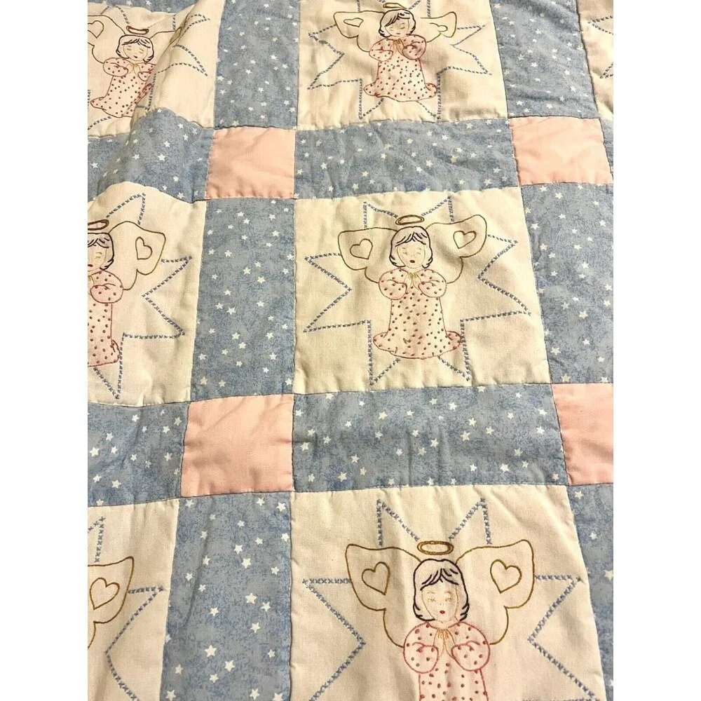 HM Crib Quilt Embroidered Farmhouse Angels Blue Pink Stars Lace 38x45 Country